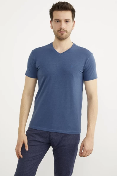 V Yaka Basic Kısa Kol Tişört - Mavi ürün görseli 1