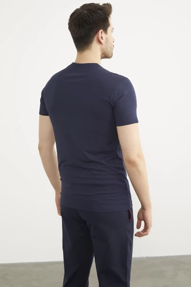 V Yaka Basic Kısa Kol Tişört - Lacivert - 4