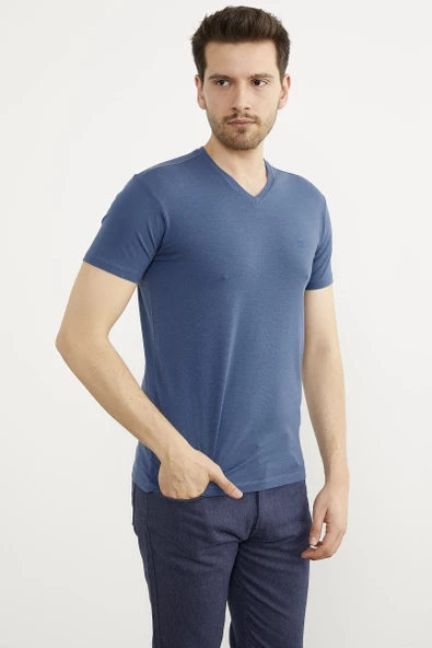 V Yaka Basic Kısa Kol Tişört - Mavi - Resim 4