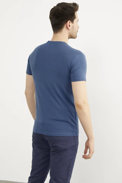 V Yaka Basic Kısa Kol Tişört - Mavi - Resim 5