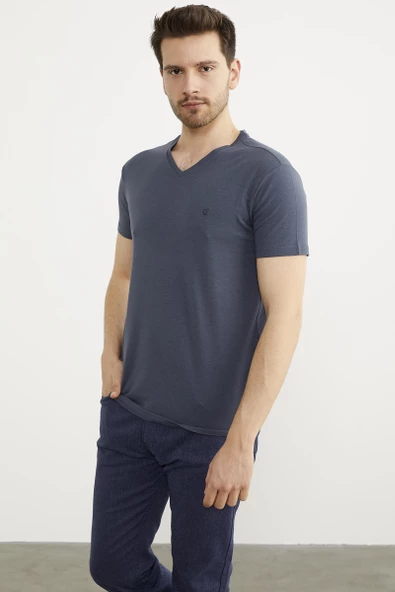 V Yaka Basic Kısa Kol Tişört - Füme - 3