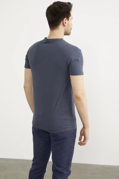 V Yaka Basic Kısa Kol Tişört - Füme - 4