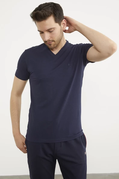 V Yaka Basic Kısa Kol Tişört - Lacivert - 2