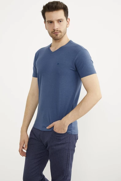 V Yaka Basic Kısa Kol Tişört - Mavi - Resim 2