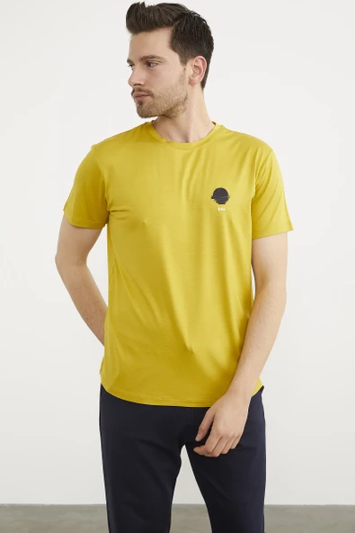 Baskılı Sıfır Yaka Penye Tişört - Hardal - Resim 3