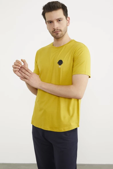 Baskılı Sıfır Yaka Penye Tişört - Hardal - Resim 2