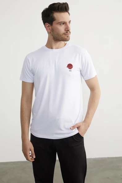 Baskılı Sıfır Yaka Penye Tişört - Beyaz - Resim 3