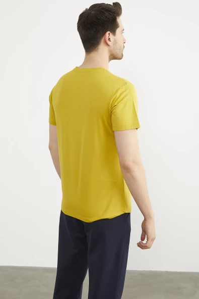 Baskılı Sıfır Yaka Penye Tişört - Hardal - Resim 4