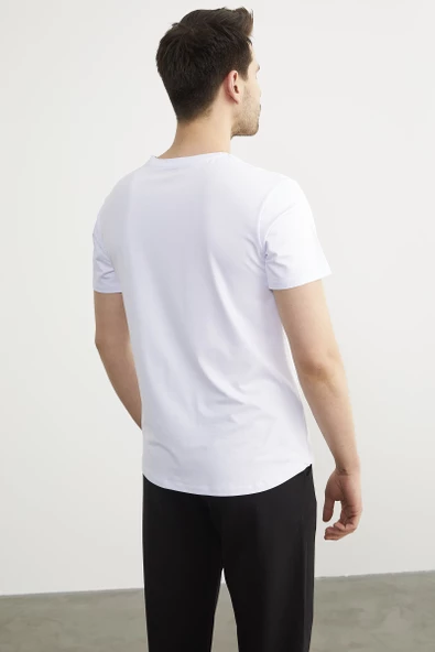 Baskılı Sıfır Yaka Penye Tişört - Beyaz - Resim 4