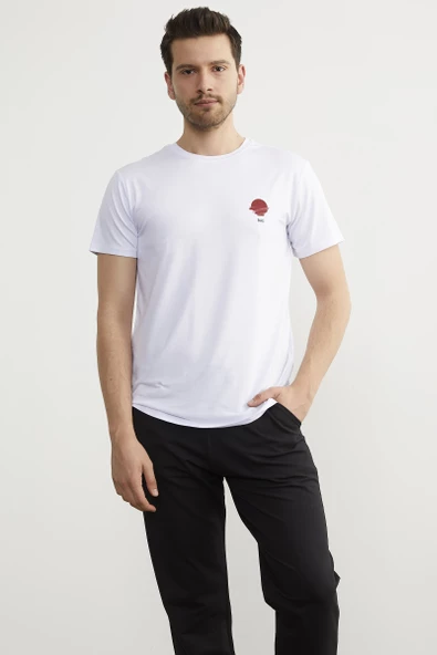 Baskılı Sıfır Yaka Penye Tişört - Beyaz ürün görseli