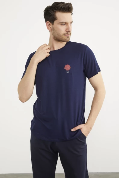 Baskılı Sıfır Yaka Penye Tişört - Lacivert - Resim 4