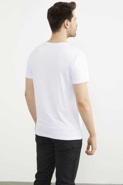 Sıfır Yaka Baskılı Kısa Kol Tişört - Beyaz - Resim 4