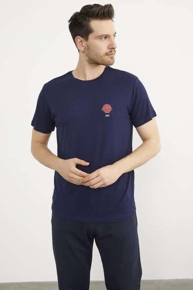Baskılı Sıfır Yaka Penye Tişört - Lacivert - Resim 2