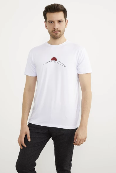 Sıfır Yaka Baskılı Kısa Kol Tişört - Beyaz ürün görseli 1