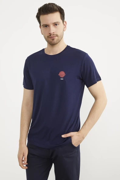 Baskılı Sıfır Yaka Penye Tişört - Lacivert - Resim 3