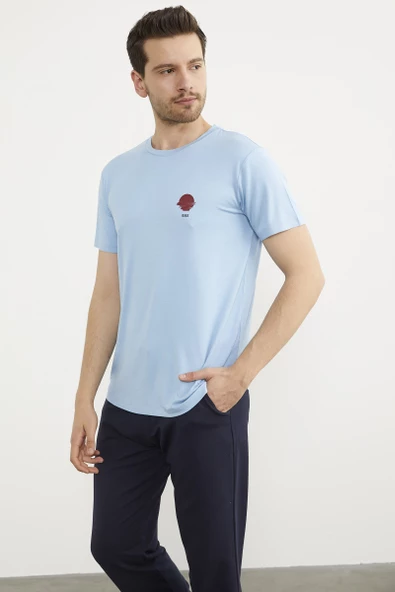 Baskılı Sıfır Yaka Penye Tişört - Mavi - Resim 2