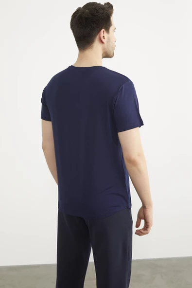 Baskılı Sıfır Yaka Penye Tişört - Lacivert - Resim 5