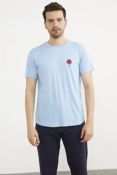 Baskılı Sıfır Yaka Penye Tişört - Mavi ürün görseli 1