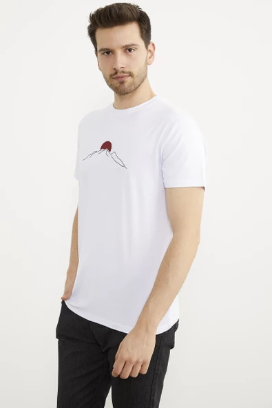 Sıfır Yaka Baskılı Kısa Kol Tişört - Beyaz - Resim 2