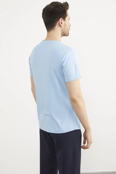 Baskılı Sıfır Yaka Penye Tişört - Mavi - Resim 5