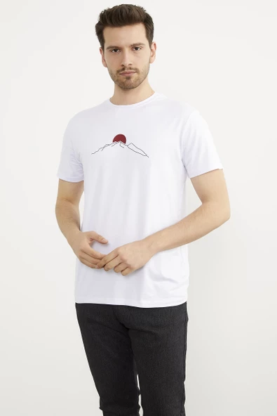 Sıfır Yaka Baskılı Kısa Kol Tişört - Beyaz - Resim 3