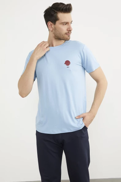 Baskılı Sıfır Yaka Penye Tişört - Mavi - Resim 3