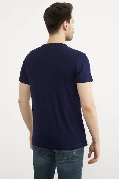 Sıfır Yaka Baskılı Kısa Kol Tişört - Lacivert - Resim 5