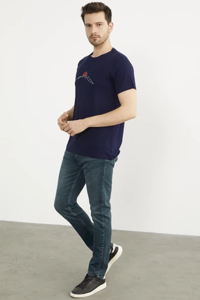 Sıfır Yaka Baskılı Kısa Kol Tişört - Lacivert - Resim 3