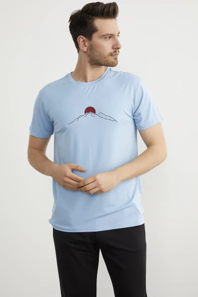 Sıfır Yaka Baskılı Kısa Kol Tişört - Mavi - Resim 3