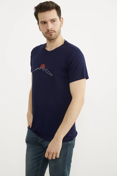 Sıfır Yaka Baskılı Kısa Kol Tişört - Lacivert - Resim 2