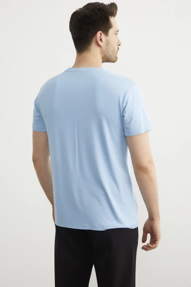 Sıfır Yaka Baskılı Kısa Kol Tişört - Mavi - Resim 4