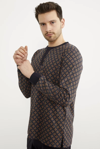 Desenli Düğmeli Yaka Pijama Takım - Siyah - 4