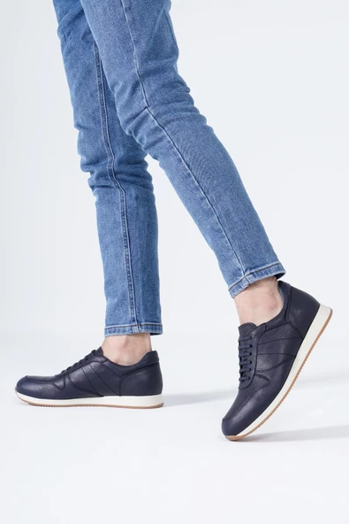 Hakiki Deri Erkek Spor Ayakkabı Bağcıklı Beyaz Taban Sneaker