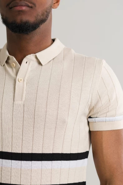 Slimfit Polo Yaka Likralı Çizgili Triko Kumaş Yazlık Spor Erkek T-shirt - 4