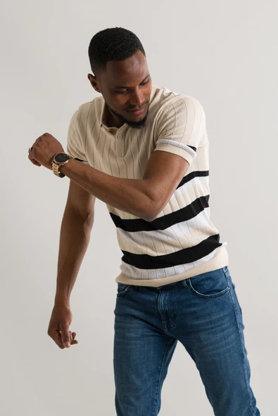Slimfit Polo Yaka Likralı Çizgili Triko Kumaş Yazlık Spor Erkek T-shirt - 2