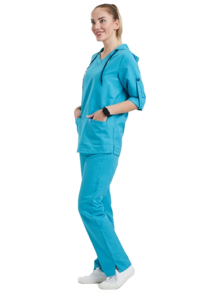 VIOLET- Kadın Koton Turkuaz Medikal Üniforma Takımı - Resim 2