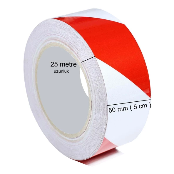 Yer İşaretleme Bandı Kırmızı-Beyaz Pvc Emniyet Zemin İkaz Bant 50 mm x 25 MT - Resim 2