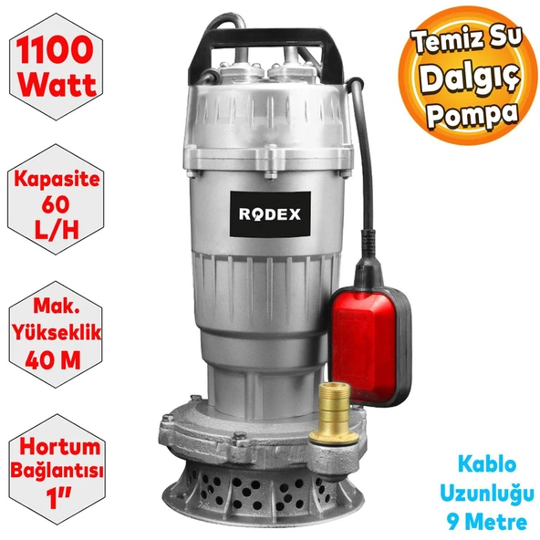 Rodex RDX835 Temiz Su Dalgıç Pompa Alümünyum Gövdeli 1100W Maks. Yükseklik 40 Metre