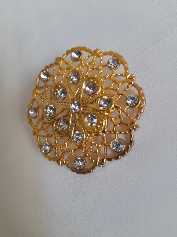 Gold Yuvarlak Taşlı Broş - 5
