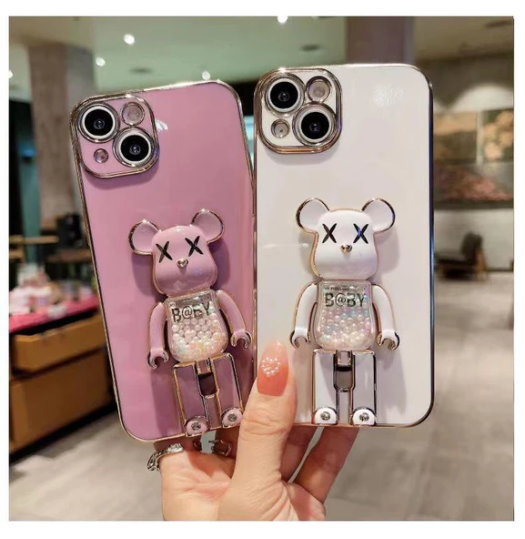 İphone 14 Glossy Yumuşak Ayıcıklı Boncuklu Stantlı Kapak - 8