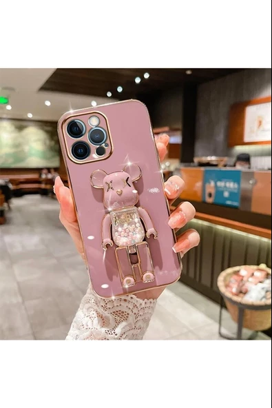 İphone 14 Pro Glossy Yumuşak Ayıcıklı Boncuklu Stantlı Kapak - Resim 2