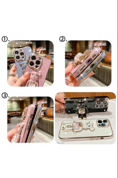 İphone 14 Pro Max Glossy Yumuşak Ayıcıklı Boncuklu Stantlı Kapak - 3