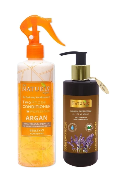 Argan İki Fazlı Fön Suyu 400 Ml & Lavanta Özlü El, Yüz ve Vücut Kremi 250 Ml  2'li Bakım Seti