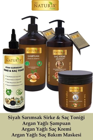 Siyah Sarımsaklı Sirke & Saç Toniği + Argan Yağlı Onarıcı Bakım Şampuanı + Saç Kremi + Saç Maskesi