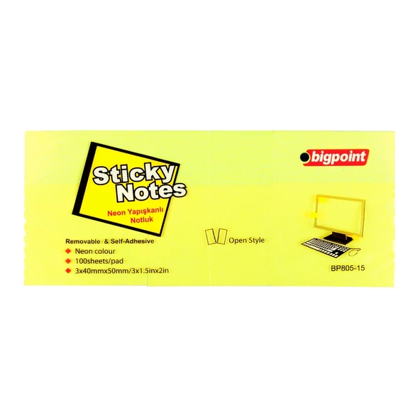 Bigpoint Yapışkanlı Not Kağıdı 3'lü 40x50mm Neon Sarı 4'lü Paket