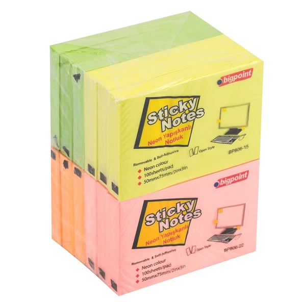 Bigpoint Yapışkanlı Not Kağıdı 75x50mm Neon 4 Renk 12'li Paket