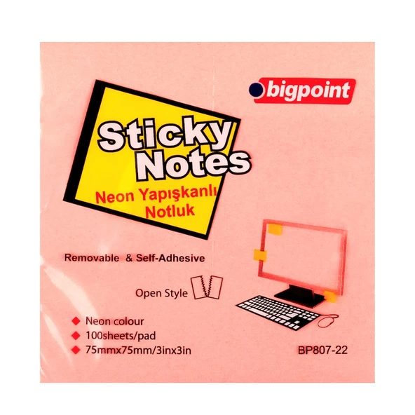 Bigpoint Yapışkanlı Not Kağıdı 75x75mm Neon Pembe 12'li Paket