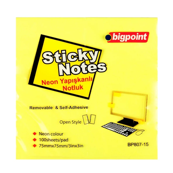 Bigpoint Yapışkanlı Not Kağıdı 75x75mm Neon Sarı 12'li Paket