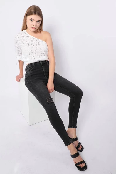 Kadın Antrasit Dizi Yırtık Süper Skinny Fit Jean Pantolon