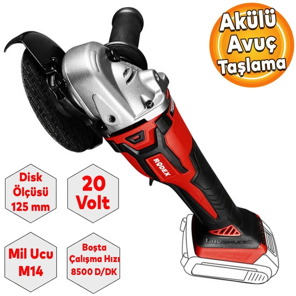 Rodex RPX2155 Akülü Avuç Taşlama Kömürsüz 125 mm 20V Bataryasız